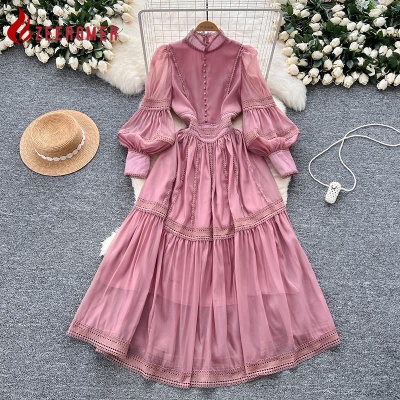 New Heavy Craft Lace Embroidery Hollow Out Party Evening Long Dress Women's Stand High Waist Lantern Sleeve Dresses Holiday