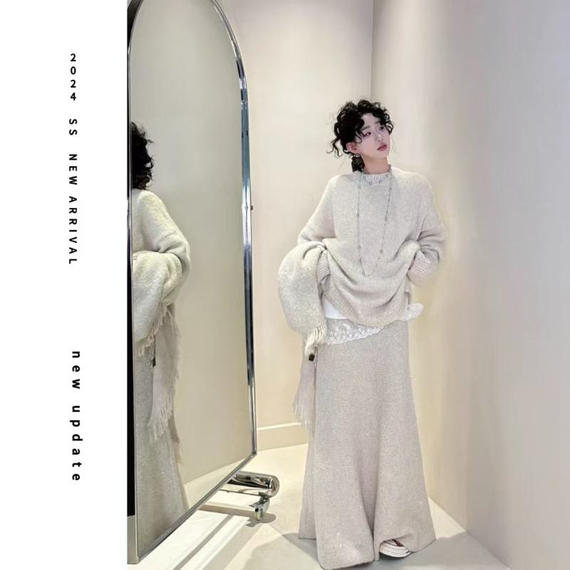 Ленивый ветер мягкий восковой свитер эластичная талия юбка годе длинное платье комплект из двух предметов осень и зима новый костюм вязаный с пайетками женский