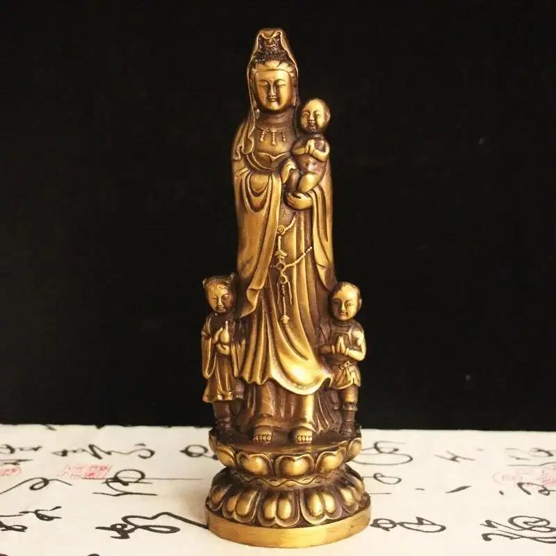 Copper Guanyin Bronze Statue of Buddha Standing Holding The Child Bodhisattva Home Living Decor