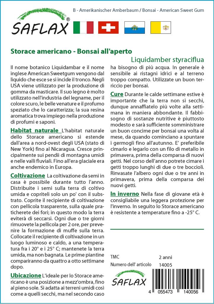 SAFLAX Garden in the Bag - Бонсай - American Sweet Gum - 100 семян - С субстратом в подходящем пакете - Liquidamber styraciflua