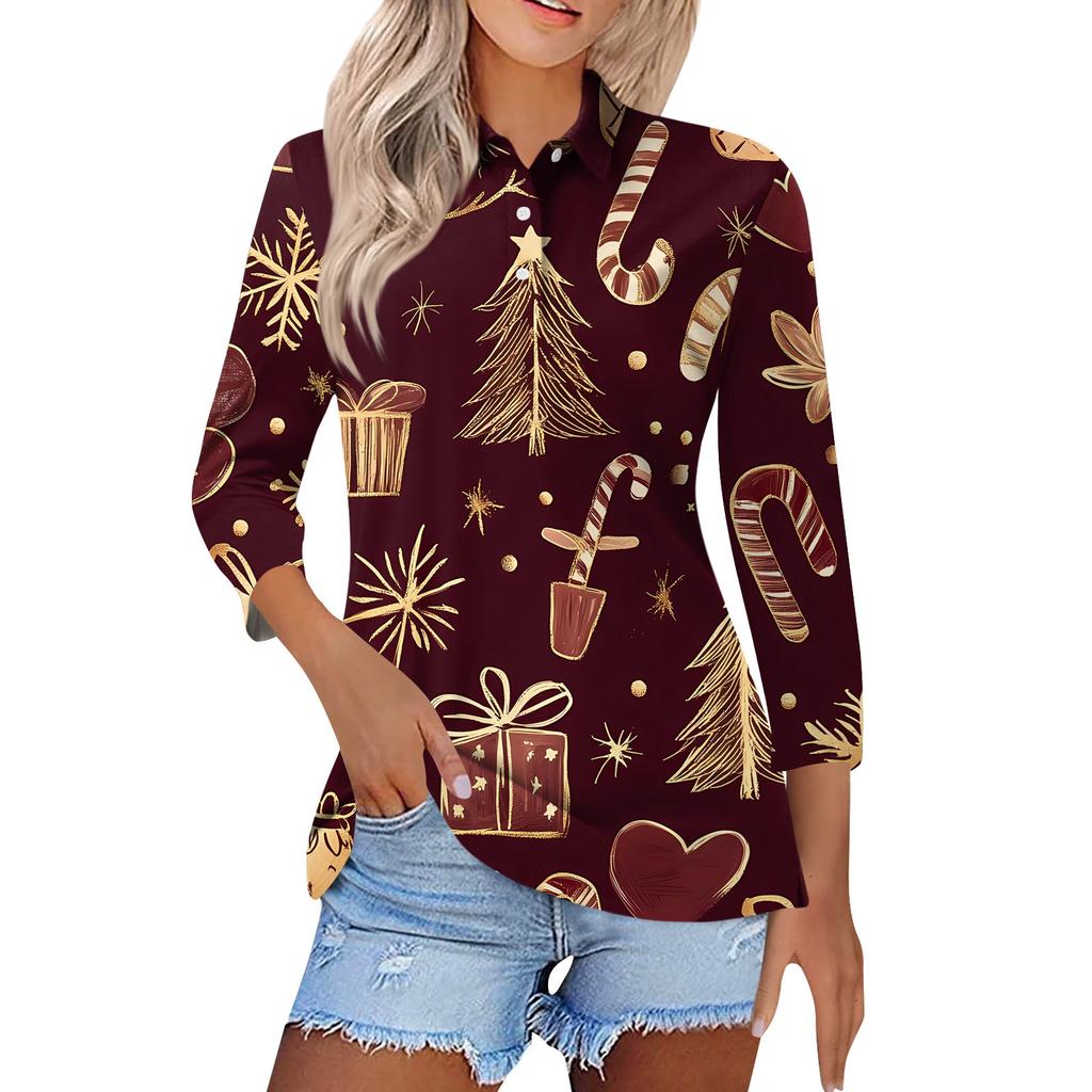 Women's Fashion Casual Lapel Short 3/4 Sleeve Christmas Print Shirt Women's Button Up Tops
