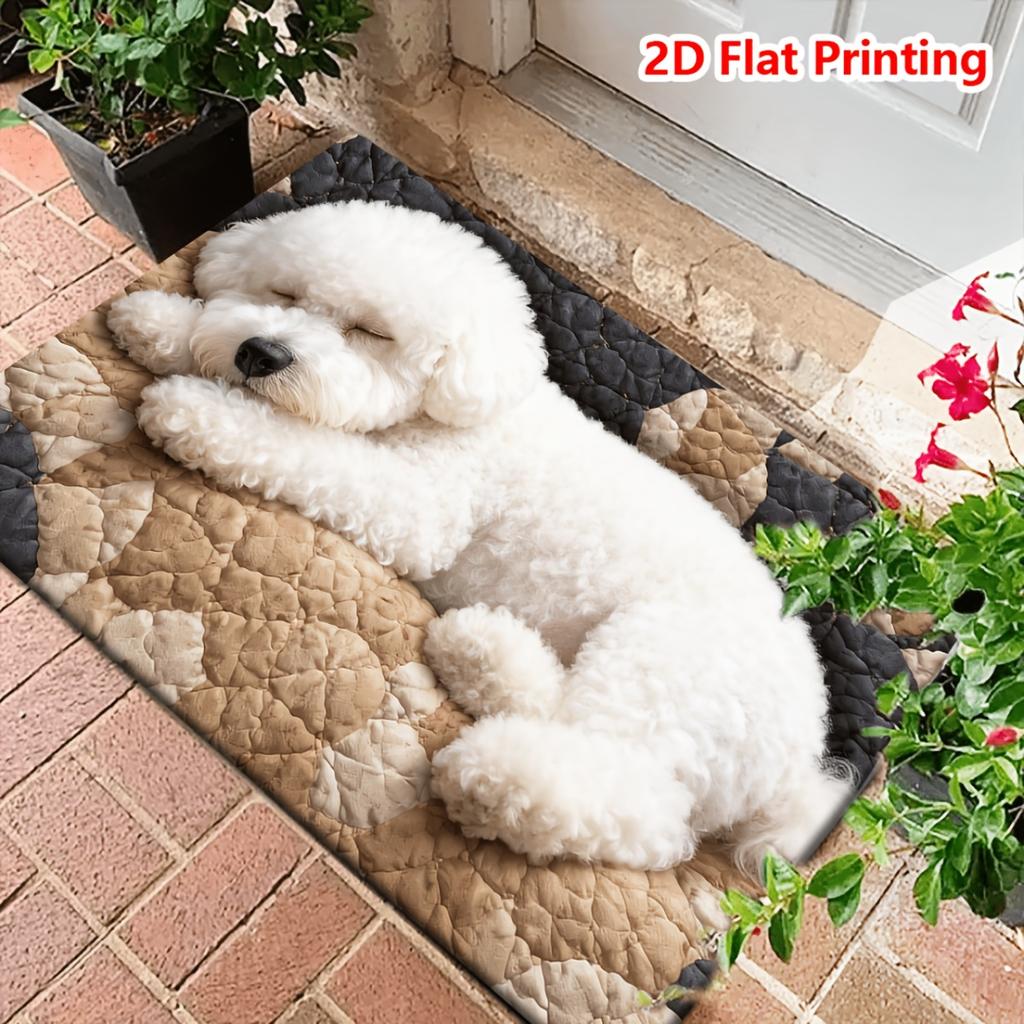 2D Flat Sleeping Bichon Frise Dog Realistic Flannel Pet Mat Non Slip Cozy Animal Rug For Bedroom Living Room Floor