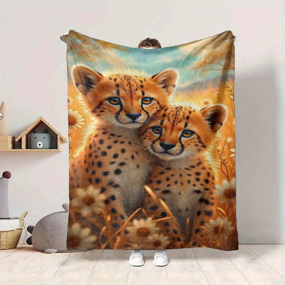 1pc Cheetah, Flowers Blanket Lightweight Flannel Blanket Throw Blanket For Sofa, Bed, Travel, Camping yy2509026130