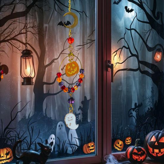 Halloween Pumpkin Hanging Decoration Spooky Moon Star Ghost Ornament Holiday Party Car Rearview Mirror Indoor Suncatcher Wind Chime Pendant