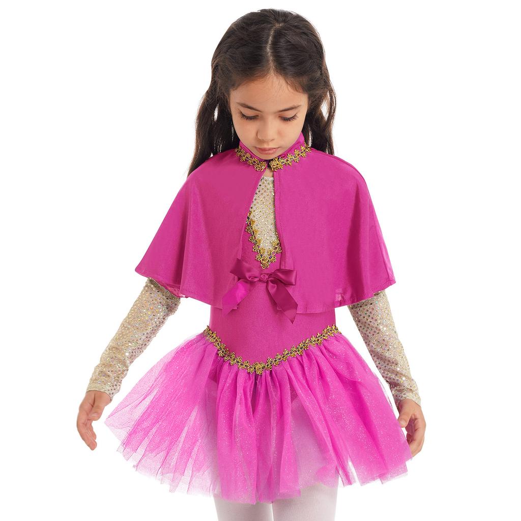 Girls Halloween Showman Costume Sleeveless Sequin Bowknot Glitters Mesh Leotard Dress Cape Arm Sleeves Set