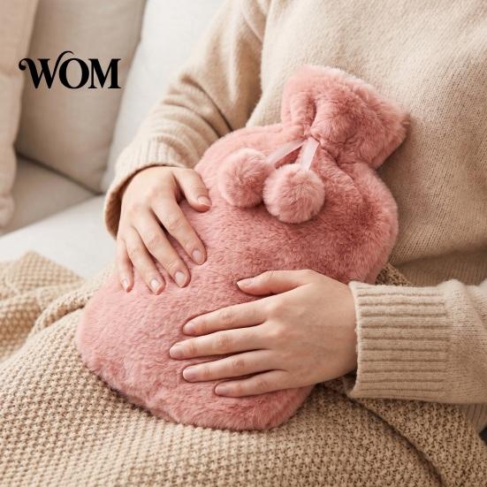 Reusable Hot Water Bag 2L Bottle with Plush Cover, Pompom Drawstring Bag, Winter Warm for Hands, Feet, Stomach Lightweight