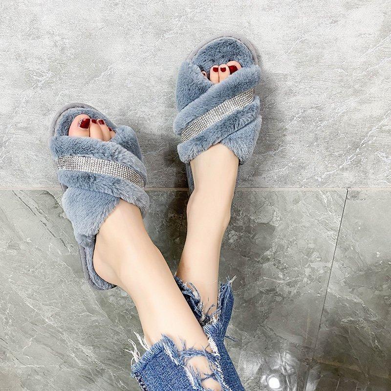 Rhinestone Strips Cross Flat Bottom Fluffy Slippers Women's Autumn and Winter Home Warm Cotton Slippers Comfortable