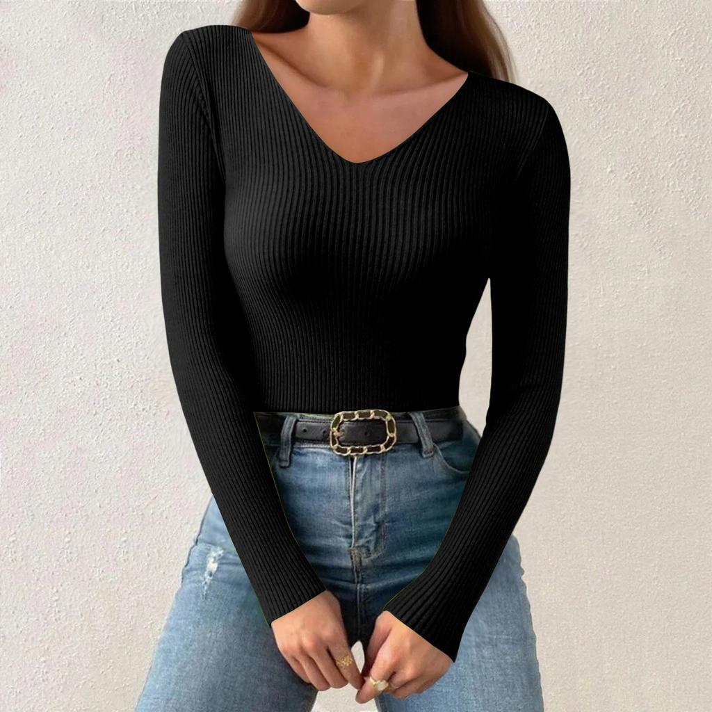 Women's Fashion V-Neck Slim Sweater Long Sleeve Pullover Solid Colour Top