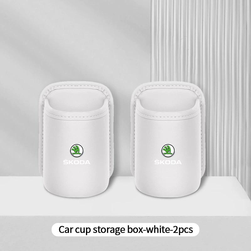 HIAQ2 Leather Car Door Side Water Cup Holder Interior Storage Box For Skoda Superb Octavia Rapid Karoq Enyaq Fabia Kamiq Yeti Scala