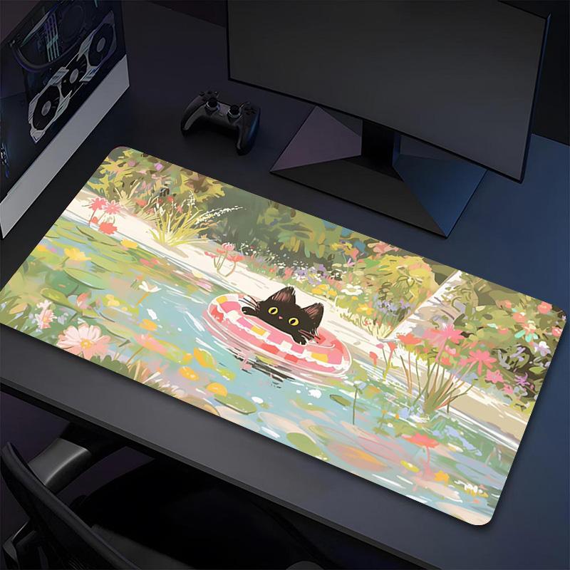 Кошка Плавает XL Игровой Коврик для Мыши Нескользящая Резиновая Основа Прошитый Край Водонепроницаемый Коврик для Стола Для ПК Ноутбука Игрока Офиса Компьютерные Аксессуары C929149