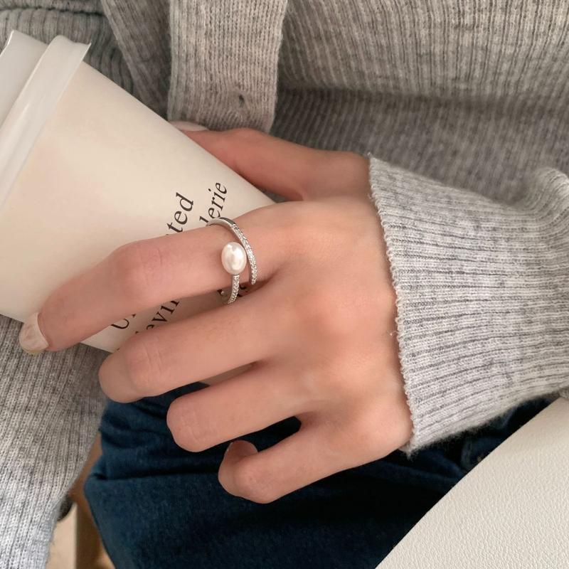 OZAN Natural Fresh Water Pearl 925 Sterling Silver Ring Open Ajustable Ring Fashion Trendy Classic Women's Jewelry Anniversary
