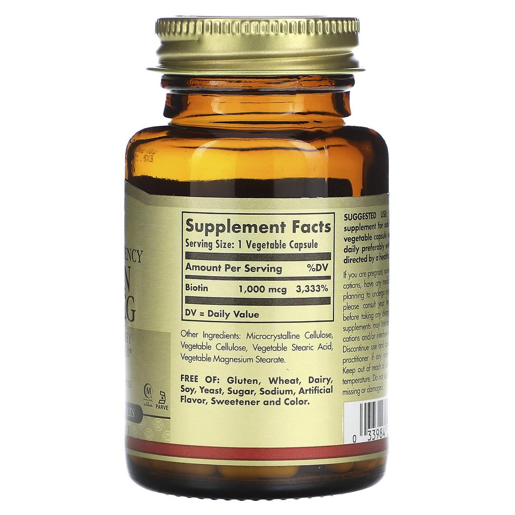 Solgar Enhanced Potency Biotin, 1,000 Mcg, 100 Veggie Capsules