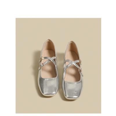 Модная обувь для женщин Мэри Джейн Новые летние кожаные сандалии С мелким вырезом Низкий каблук Элегантные балетки Серебристые туфли для женщин лето 2024