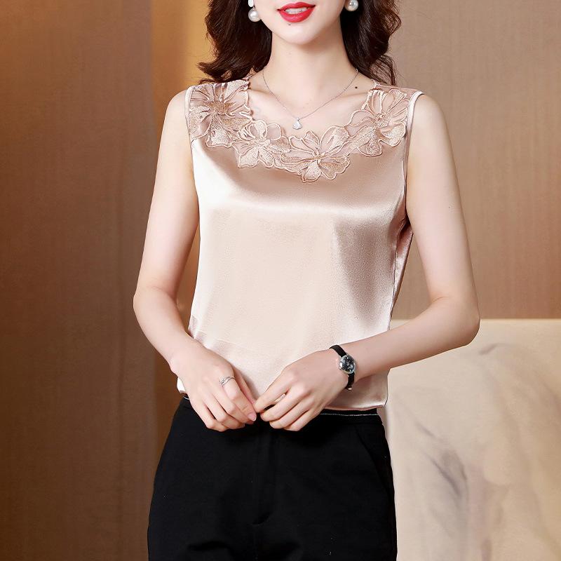 Летняя модная базовая рубашка с шелковым атласным кружевным узором в стиле пэчворк для стильного образа с верхом без рукавов на блузках и рубашках