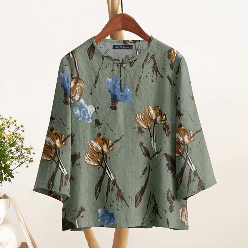 ZANZEA Women Casual Round Neck 3/4 Sleeve Loose Print Blouse