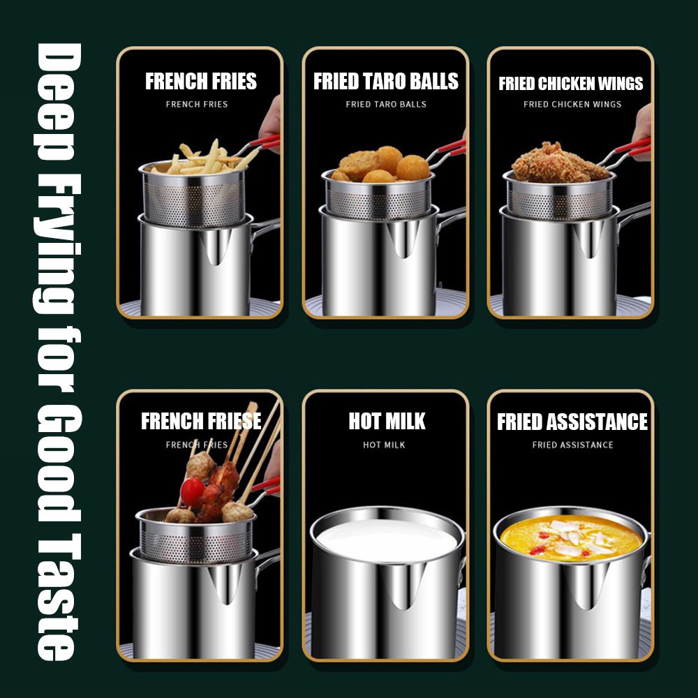 Small Deep Fryer for Home Use 1L/0.35GAL Stainless Steel Milk Steamer Frying Pot With Basket