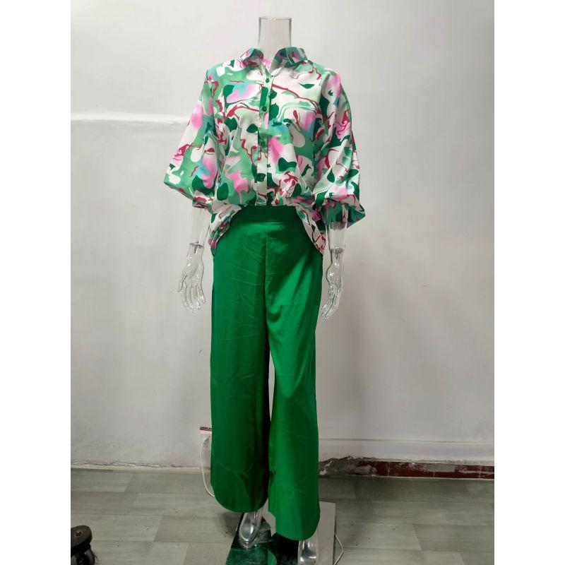 Women's Sets Casual Loose Plus Size Lapel Printed Long Sleeve Shirt Solid Color High Waist Wide Leg Pants