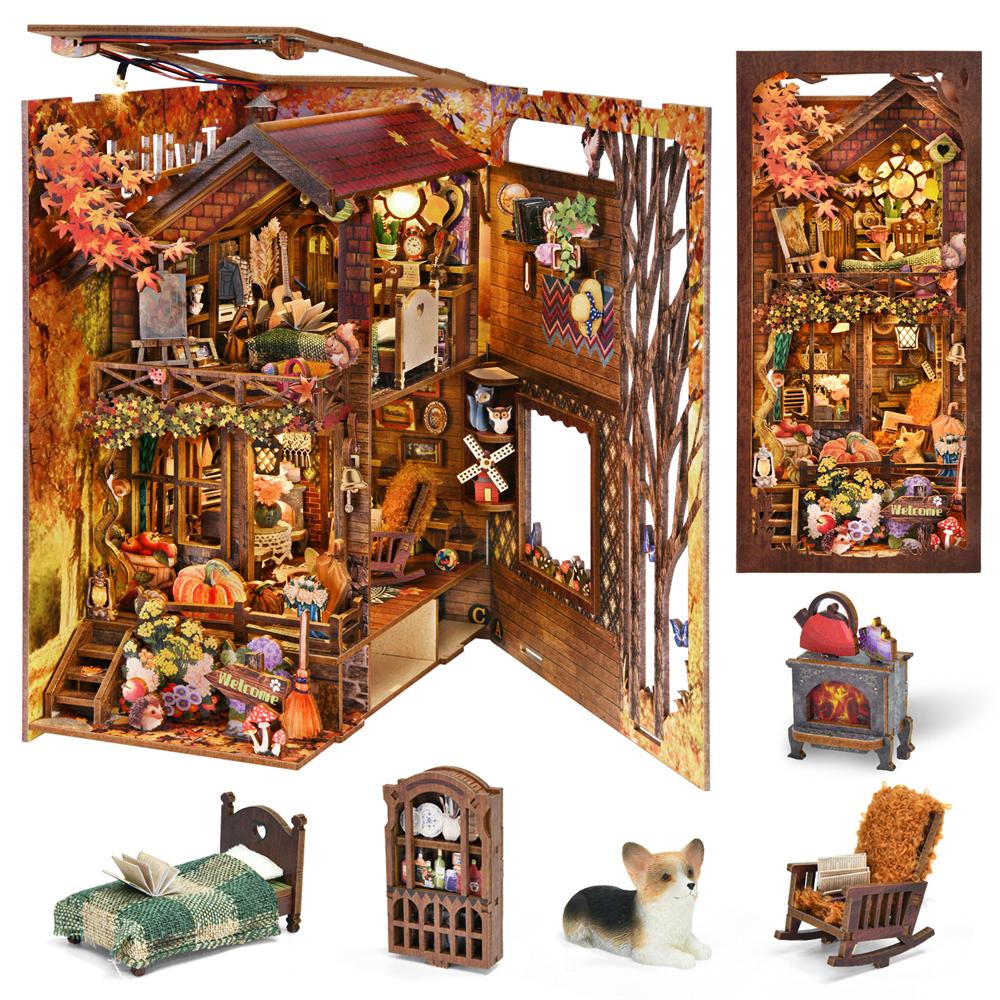 Book Nook Kit My Home Family Puppy DIY 3D Wooden Puzzle Bookshelf Insert Dollhouse Model Bookend Building Home Decoration Gifts
