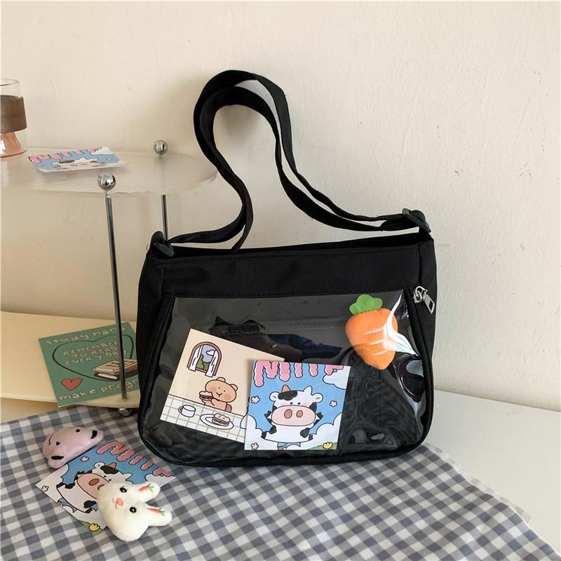 Nylon Square Shoulder Bag With Transparent Compartment For Daily Casual Use
