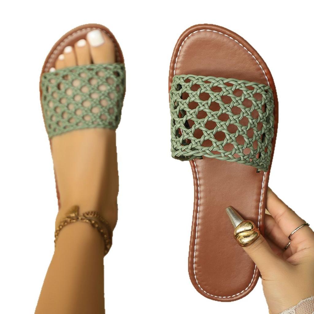 New Simple Casual Woven Hollow Flat Bottom Women's Flat Heel Breathable Slippers
