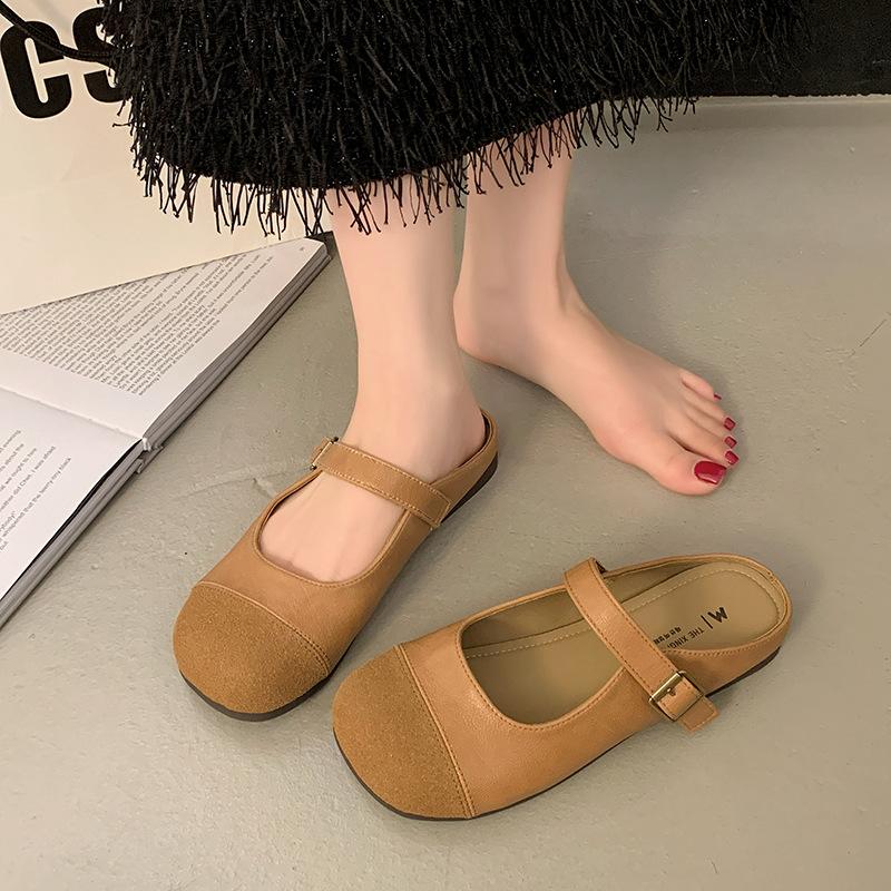 Ретро сандалии с головкой-мешком женская верхняя одежда лето 2025 новые однопедальные мягкие подошвы универсальные однословные с плоским дном классные тапочки