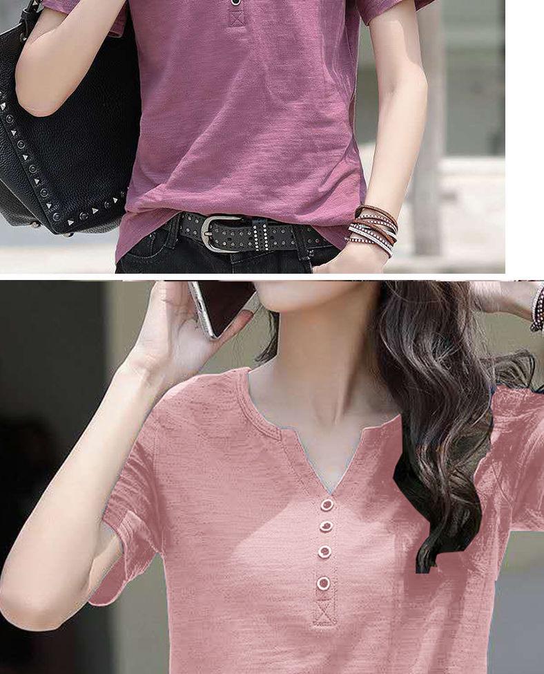 Женская летняя футболка 2024 года больших размеров в стиле ретро с V-образным вырезом и короткими рукавами - однотонная, простая, универсальная и модная.