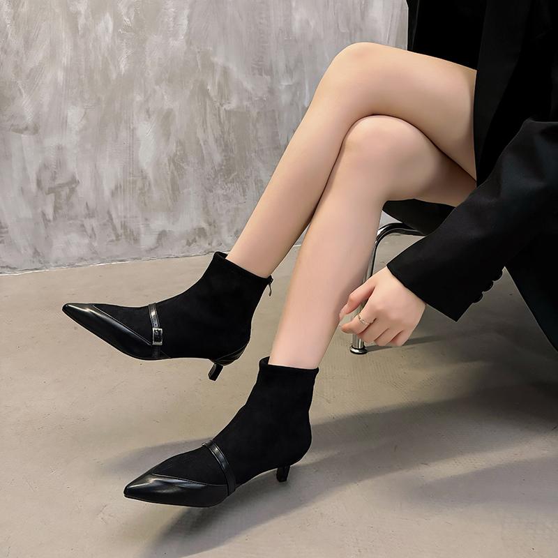 Fashion Fashion Elastic Ladies Short Booties Slip On Shoes Designer Footwear Pointed Toe Women Ankle Modern Boots Medium Heels Shoes2024