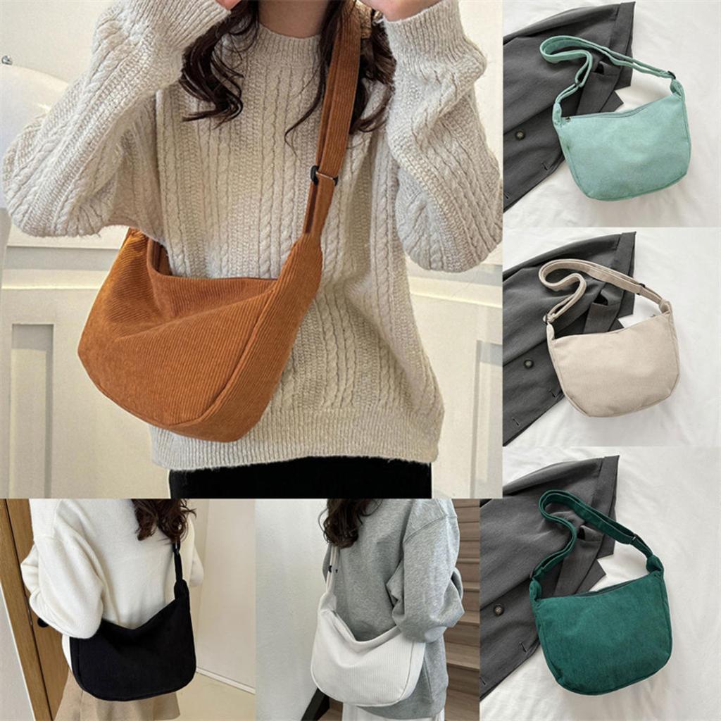 Corduroy Shoulder Bag Minimalist Crossbody Bag Women's Handbags Fashion Fabric Underarm Pouch Solid Color Zipper Female Handbag