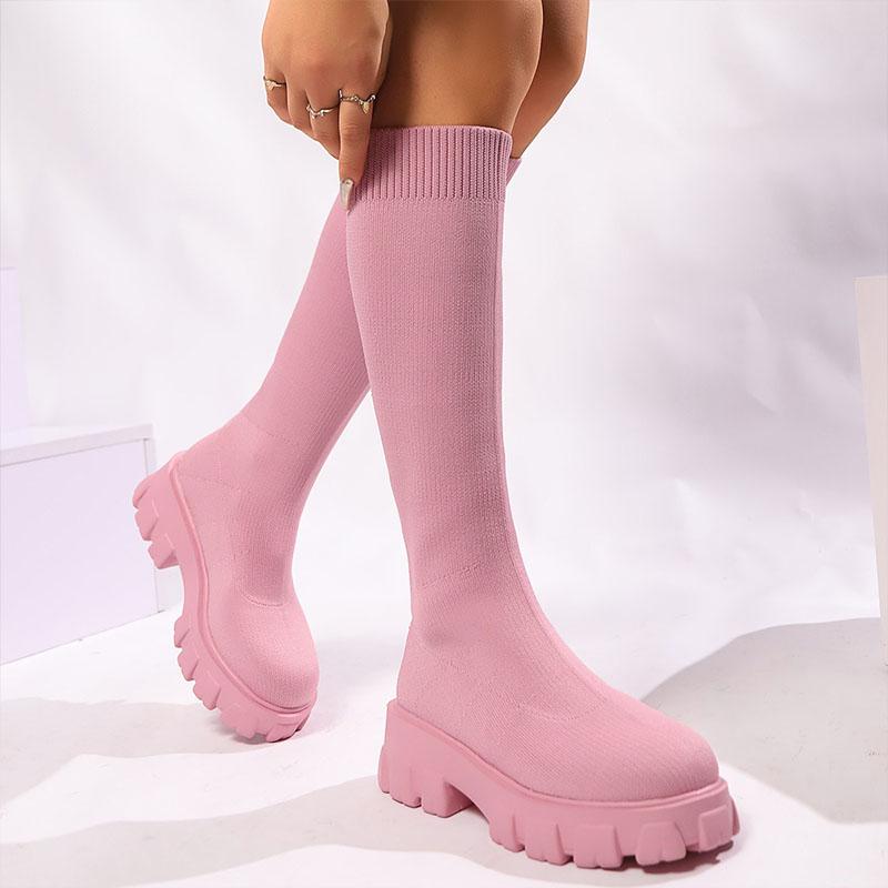 Spring Autumn Boots Women's Fashion Platform Wide Heels Knee-high Boots Knitted Fabrics Stretch Slip-on Socks Boots Casual Shoes