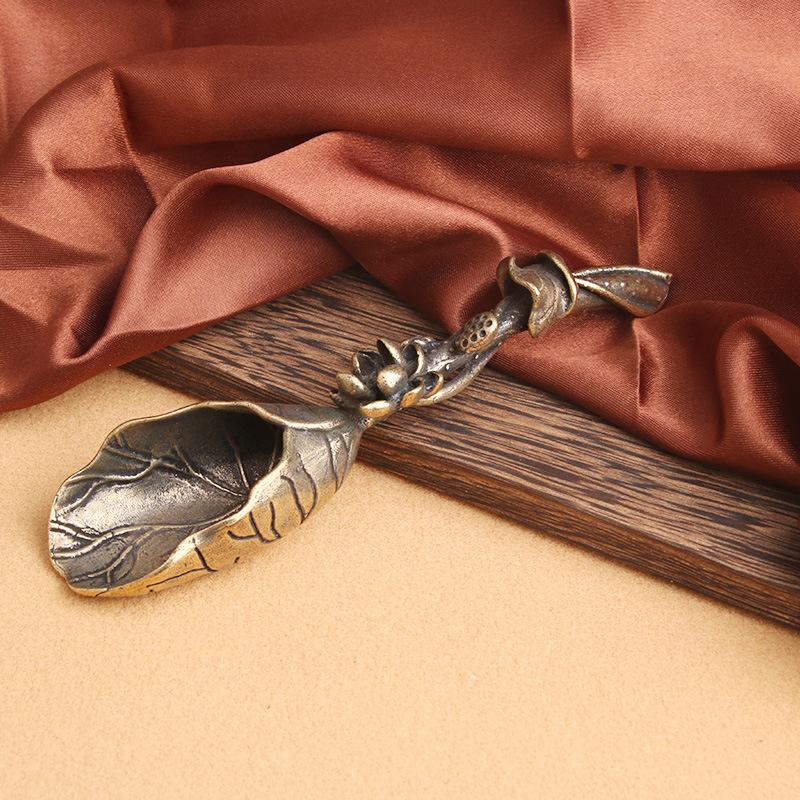 Латунь Потертый Семенной Коробочка Лотос Лист Чайная Лопатка Украшения Комбуча Ложка Антикварный Коллекционный Художественный Предмет Старая Бронза Фактор