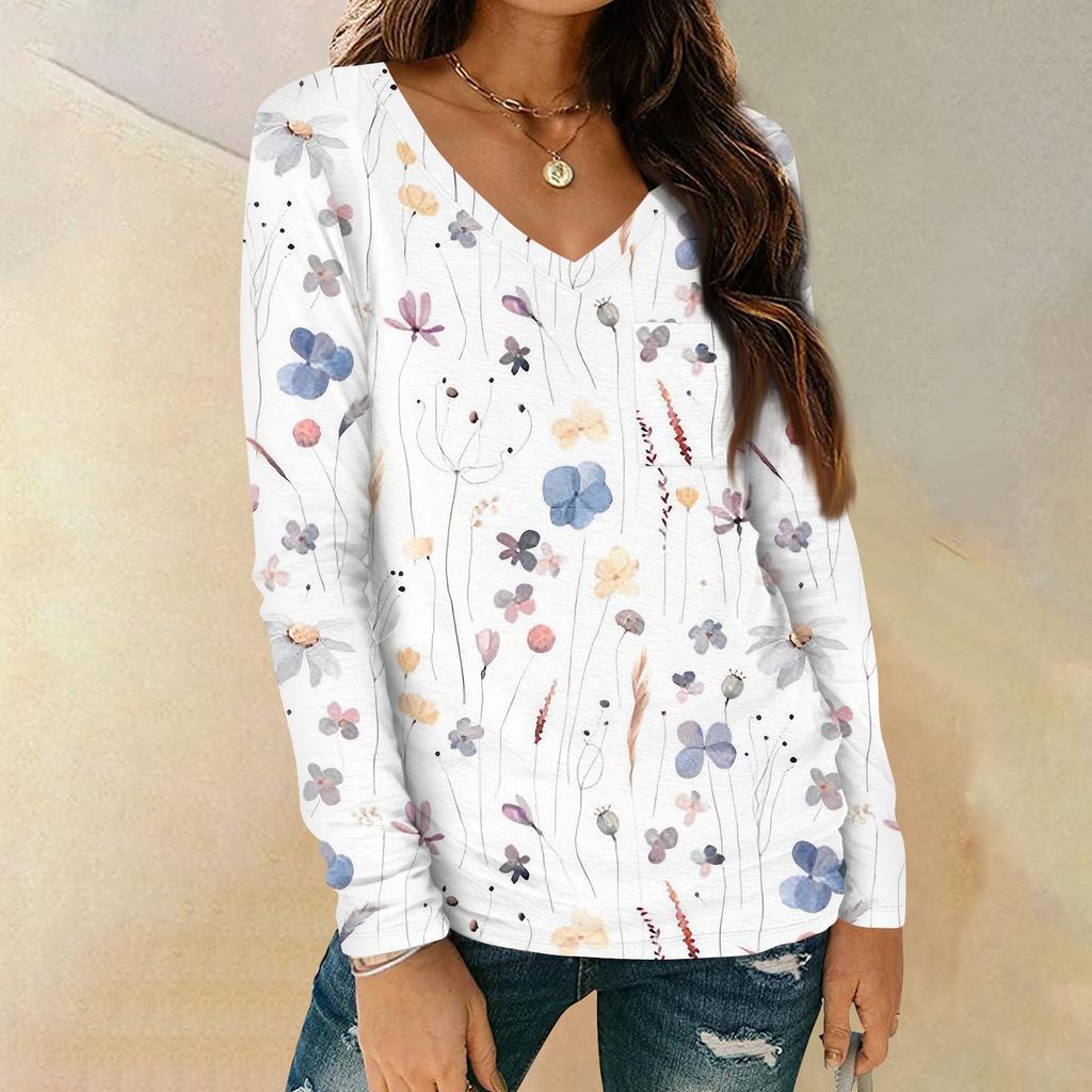 Женская мода повседневная блузка с длинным рукавом и цветочным принтом, V-образным вырезом и карманами