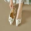 Cow Leather Pointed Toe Med Heels Slingback Autumn Summer Shoes Flowers Decorations Women Shallow Pumps