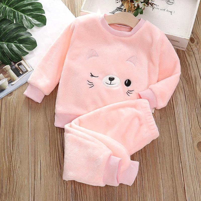 Winter Warm Sleepwear Suit 1-4Y Boys Pantsuit Plus Velvet Flannel Outfit Child Girls Thick Coral Fleece Pajama Sets 2Pcs