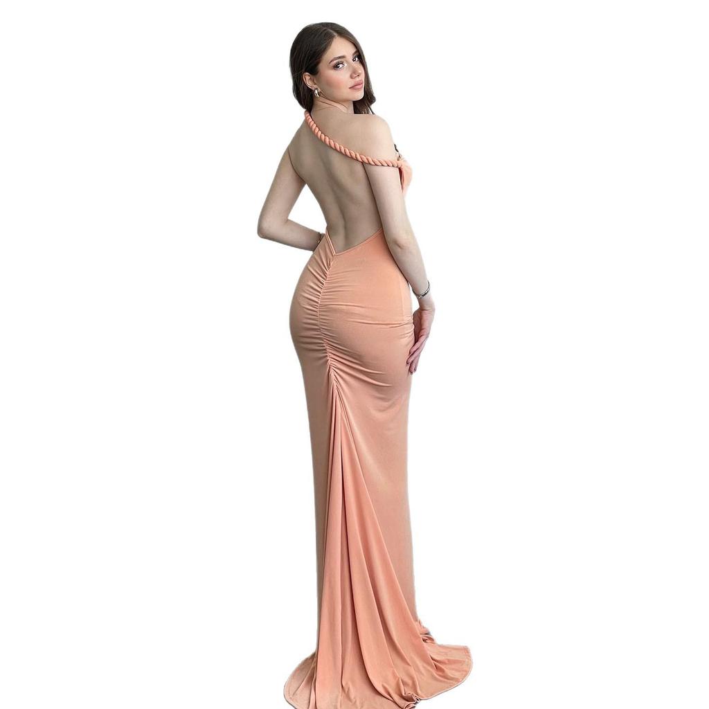 2024 European & American Halterneck Backless Ruched Bodycon Dress - Spring/Summer Women's Fashion