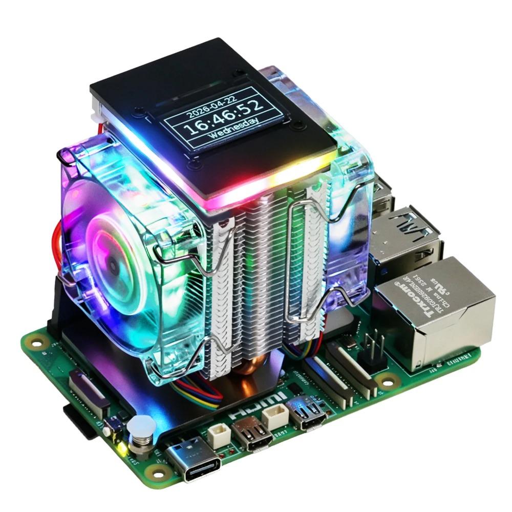 Активный радиатор Freenove для Raspberry Pi 5, 1/2 ШИМ-вентилятора, Синхронизация ARGB-подсветки, OLED-экран, Множество режимов охлаждающей подсветки