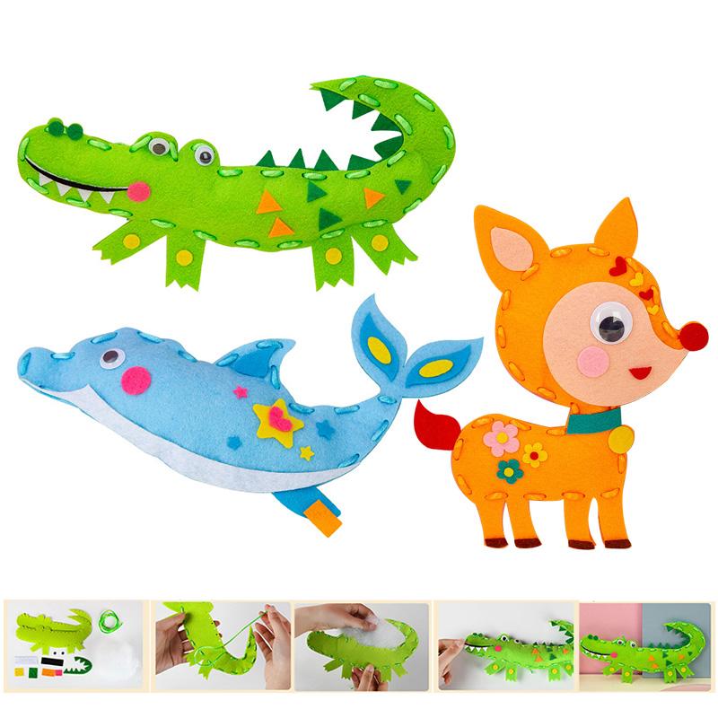 3D Cartoon Animal Sewing Kit for Beginner Kids Arts Crafts 8 Easy DIY Projects of Stuffed Animal Dolls Children Threaded Toys