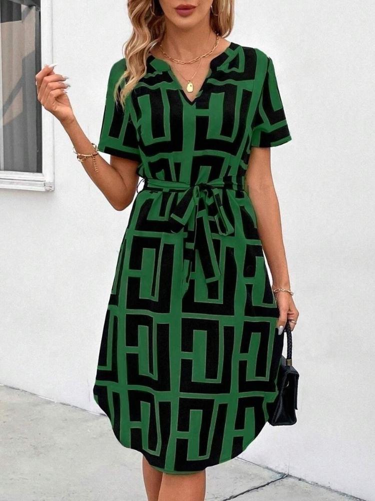 Summer Women's Short Sleeved Dress V-neck Fashionable Elegant Dress Casual Lace Up Beach Dress