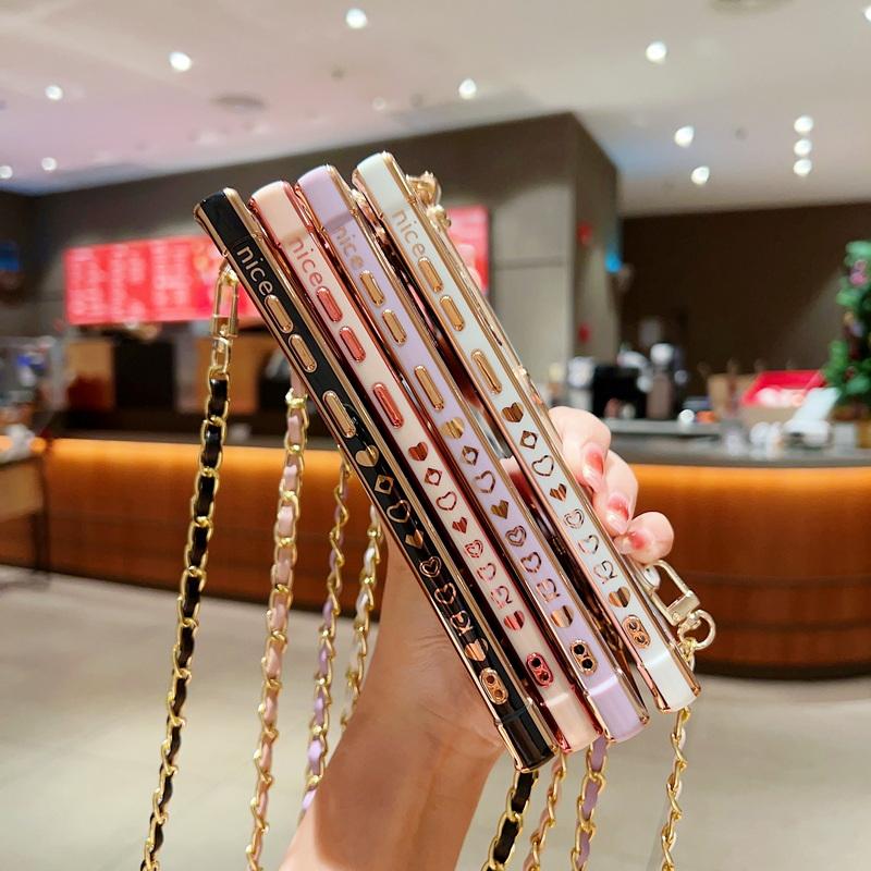 Чехол для Samsung Galaxy S23 S22 S21 Ultra S20 S21FE A14 A54 A13 A53 A23 A52, гальваническая цепочка через плечо, ремешок Love, силиконовый мягкий чехол