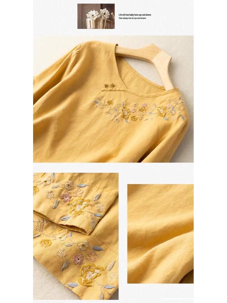 Женская хлопково-льняная футболка с вышивкой: Осень 2024 Свободный крой, Прикрывающий живот, Прилегающий круглый вырез, Рукава 3/4