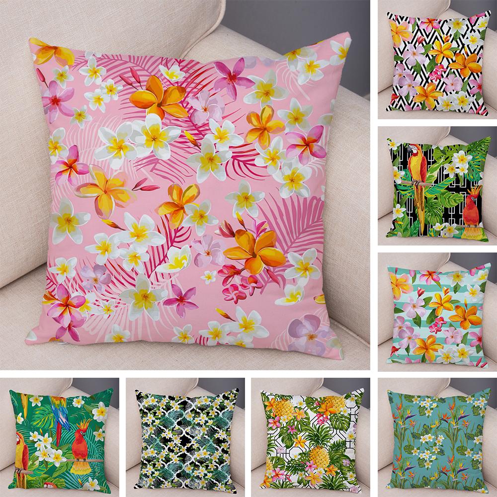 Tropical Floral Cushion Cover Plumeria Hibiscus Flower Print Soft Fabric Living Room Sofa Decor Pillow Case