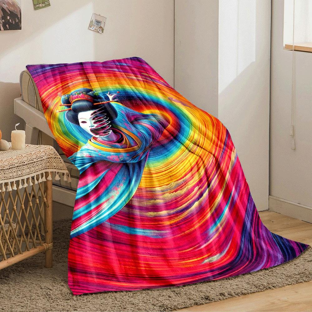 Colorful swirling vortex surrounds figure in vibrant traditional attire. for all seasons blanket lunch break throw gift