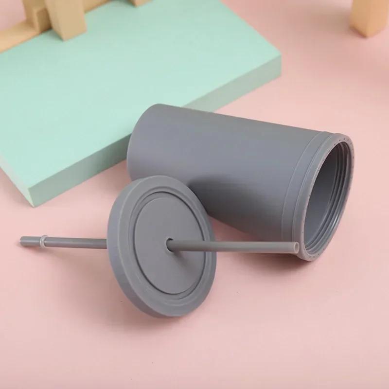 Candy Color Double-layer Plastic Straw Cup Coffee Cup Plastic Frosted Handy Water Cup Easy To Carry Straw Kettle Sports Bottle