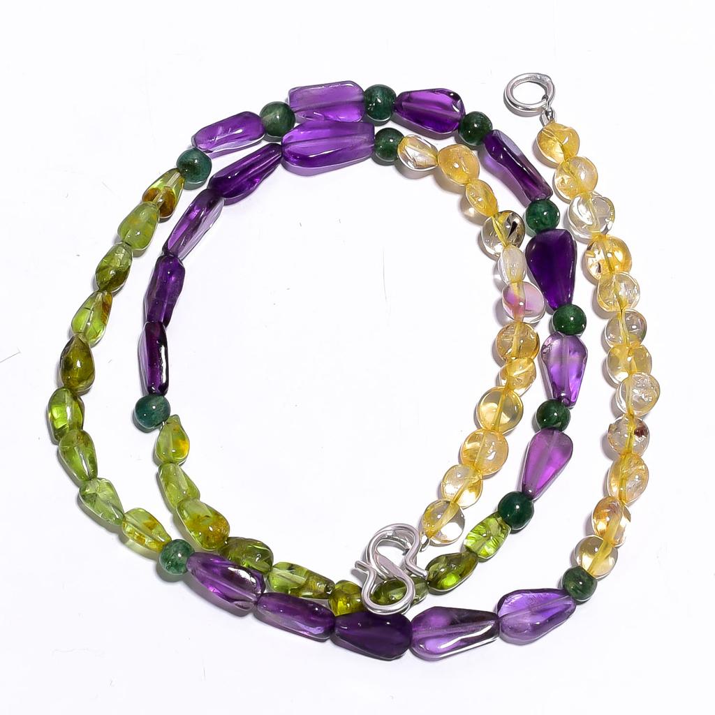 Natural Amethyst Peridot Citrine Gemstone Smooth Beads Necklace 17" UB-4521 UB-4521