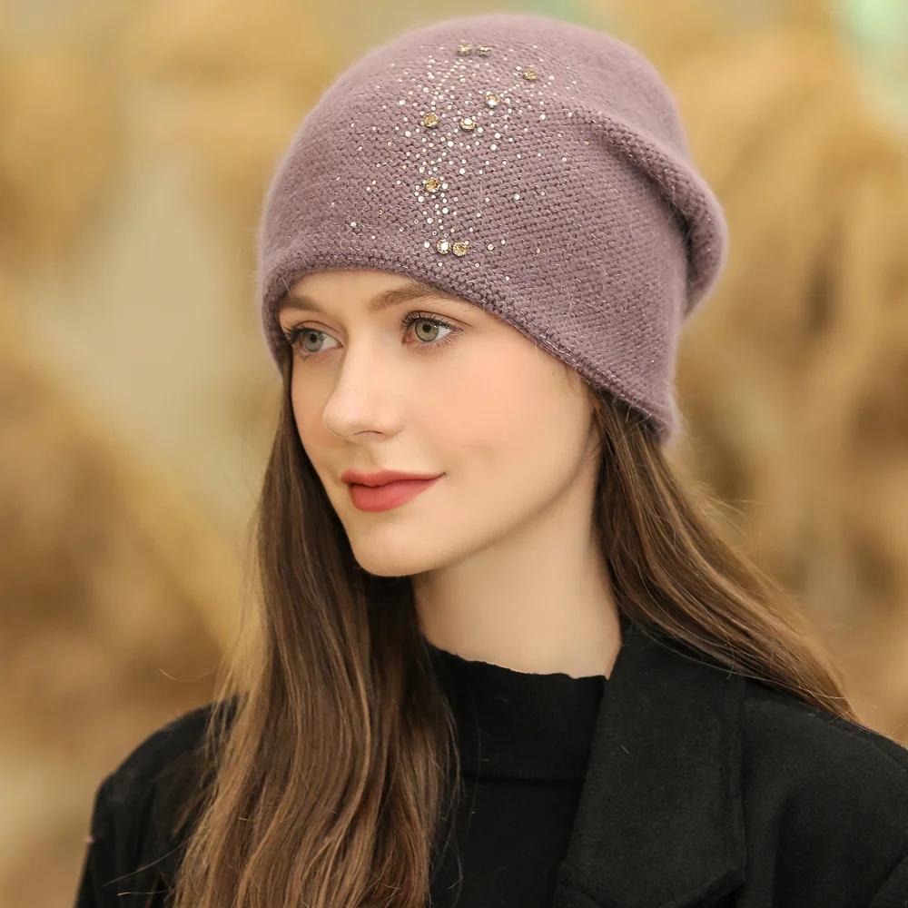 Hot Sale Women Winter Hat Decorate Beanie Hat Rabbit Fur Blend Winter Chic Cap Female Casual Streetwear Knitted Hat