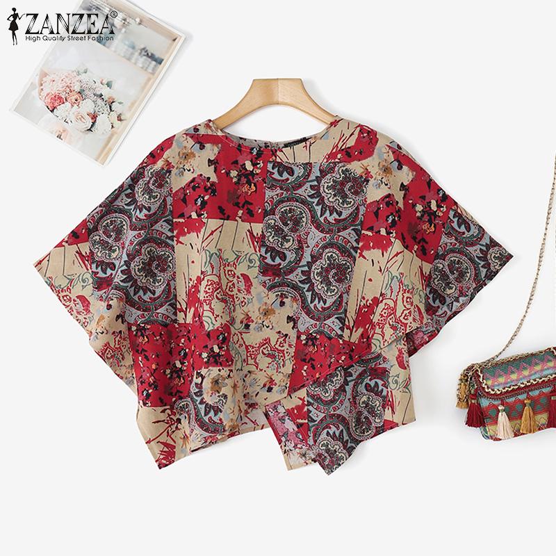 ZANZEA Женская повседневная хлопковая блузка с круглым вырезом и рукавом «летучая мышь» с этническим принтом