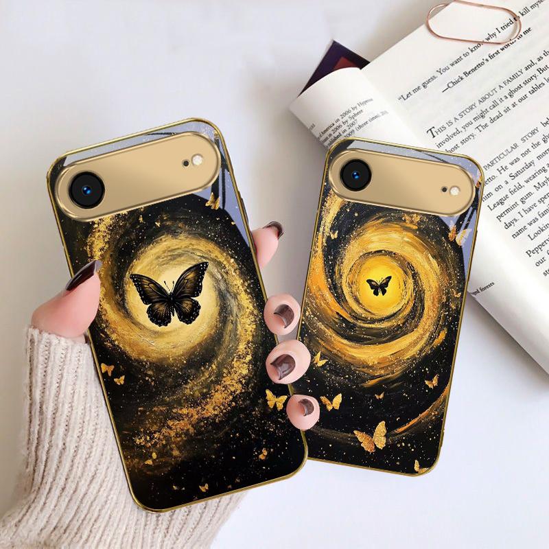 Vortex Черная Бабочка Для IPhone 17Pro Max 16 17 Pro 15 Pro 14 13 Plus 12 Mini 11Pro Max XR 16E 17 Air Золотой стеклянный чехол для телефона