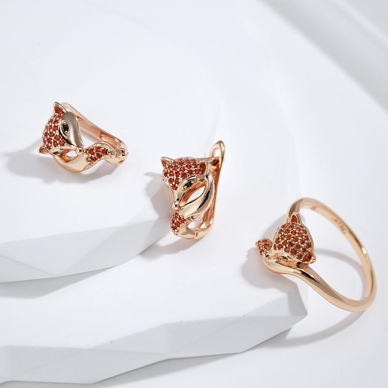 Kinel Red Natural Zircon Fox Jewelry Set Vintage Rose Gold Color Animal Necklace Earrings And Ring Sets