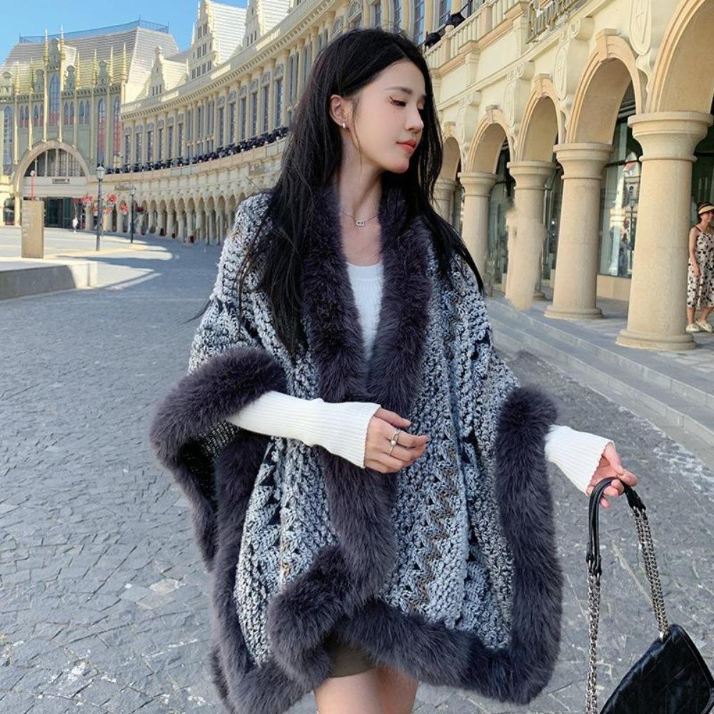 Этнический стиль большой меховой воротник шаль с женской дорожной одеждой осень и зима теплая вязаная куртка накидка шаль прилив