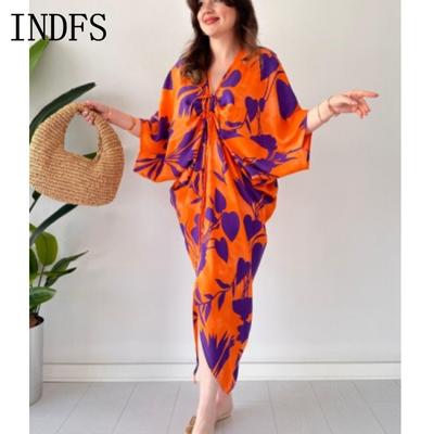 INDFS Женская мода весна осень длинный рукав V-образный вырез свободная талия повседневные платья