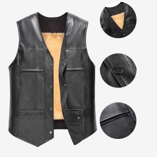 Faux Leather Waistcoat Men Motorcycle Vest Coat Warm Autumn Winter Single Breasted V-neck Sleeveless Jacket